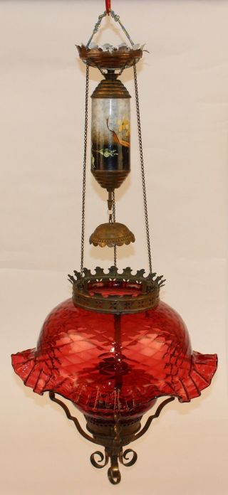 Rare Victorian Parker Hanging Ruby Parlor Oil Lamp W/ Petticoat Shade