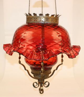 RARE VICTORIAN PARKER HANGING RUBY PARLOR OIL LAMP W/ PETTICOAT SHADE 3