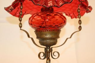 RARE VICTORIAN PARKER HANGING RUBY PARLOR OIL LAMP W/ PETTICOAT SHADE 4