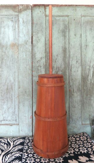 Country Primitive Farmhouse Wood Wooden Butter Churn W Lid & Dasher Stick Large