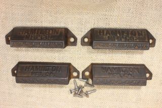 4 Drawer Bin Pulls Handles Hamilton Mfg Printing Vintage Rustic Cast Iron Old