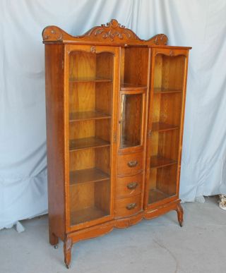 Antique Unusual Oak Triple Door Bookcase -