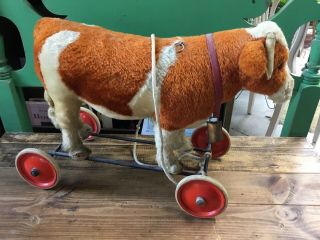 RARE Antique Steiff Cow On Wheels With Bell And Rope Tag 10