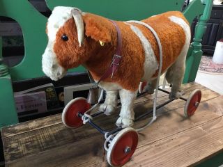 Rare Antique Steiff Cow On Wheels With Bell And Rope Tag