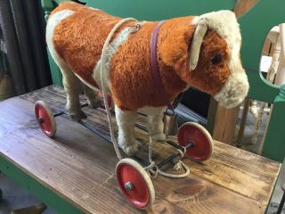 RARE Antique Steiff Cow On Wheels With Bell And Rope Tag 2