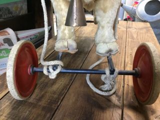 RARE Antique Steiff Cow On Wheels With Bell And Rope Tag 6