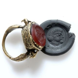 Post Medieval - Intact Near East Bronze Seal Ring With Intaglio Stone