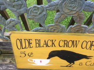Large Primitive Mustard Olde Black Crow Coffee Wood Sign Country Folk Art Decor 2