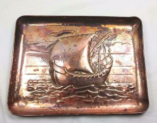 Rare Arts & Crafts Signed Newlyn Copper Rectangular Galleon Tray / Dish