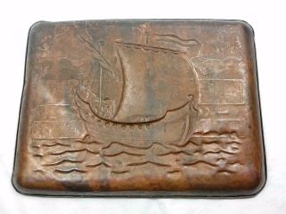 RARE ARTS & CRAFTS SIGNED NEWLYN COPPER RECTANGULAR GALLEON TRAY / DISH 2