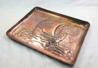 RARE ARTS & CRAFTS SIGNED NEWLYN COPPER RECTANGULAR GALLEON TRAY / DISH 3