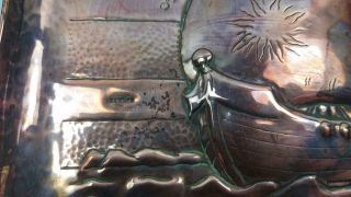 RARE ARTS & CRAFTS SIGNED NEWLYN COPPER RECTANGULAR GALLEON TRAY / DISH 4