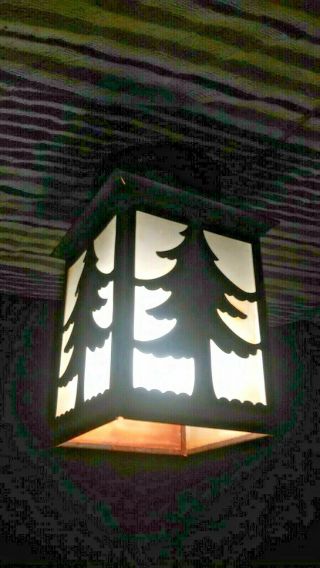 Vintage Rustic Metal Pine Tree Silhouette Outdoor Porch Ceiling Light Frost Glaz