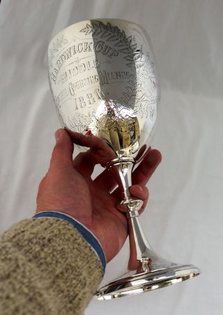 Large Victorian Sterling Silver Hare Coursing Trophy Goblet.  Hardwick Cup 1886.