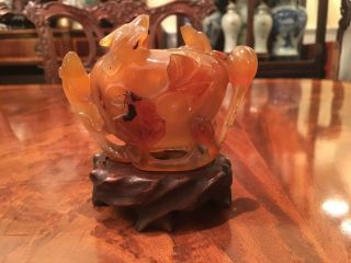 An Chinese Qing Dynasty Carved Agate Brush Washer with Wooden Stand. 2