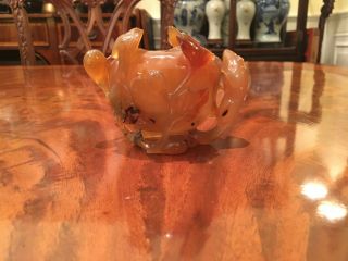 An Chinese Qing Dynasty Carved Agate Brush Washer with Wooden Stand. 9