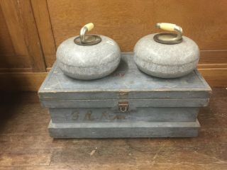 2 ANTIQUE CURLING STONES NAMED KERR FAMILY GUERNSEY SASKATCHEWAN & HARD CASE 11