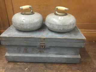 2 Antique Curling Stones Named Kerr Family Guernsey Saskatchewan & Hard Case