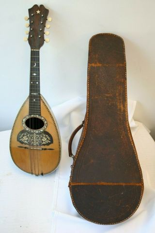 Antique Fine Mandolin Bowl Back Tater Bug & Case Crescent Moon & Star Inlay 12