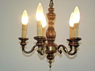 Mid Century French Country 5 Arm Chandelier Turned Wood & Aged Bronze 1355 11