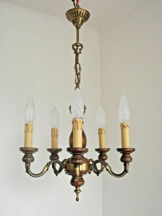 Mid Century French Country 5 Arm Chandelier Turned Wood & Aged Bronze 1355 12