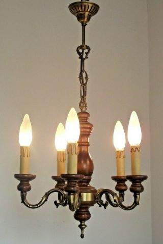Mid Century French Country 5 Arm Chandelier Turned Wood & Aged Bronze 1355