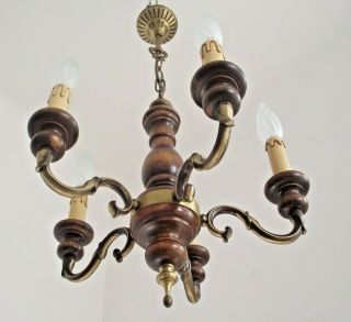 Mid Century French Country 5 Arm Chandelier Turned Wood & Aged Bronze 1355 2
