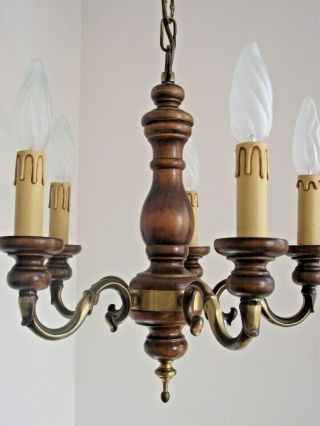 Mid Century French Country 5 Arm Chandelier Turned Wood & Aged Bronze 1355 3