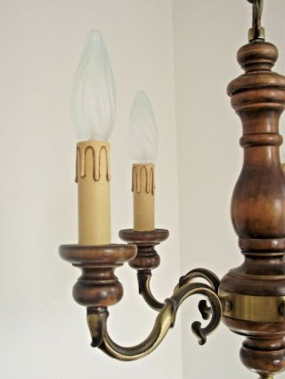 Mid Century French Country 5 Arm Chandelier Turned Wood & Aged Bronze 1355 4