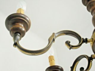 Mid Century French Country 5 Arm Chandelier Turned Wood & Aged Bronze 1355 6