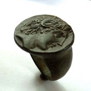 Macedonian Ancient Artifact Bronze Massive Ring With Alexander The Great