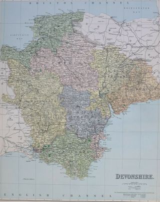 1889 County Map Devonshire Kingsbridge Dartmouth Tavistock Barnstaple Appledork
