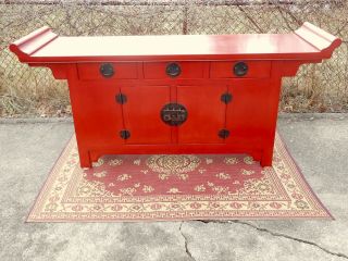 Asian Chinese Pagoda Console,  Buffet,  Alter,  Red Pagoda,  3 Drawers & Cabinet