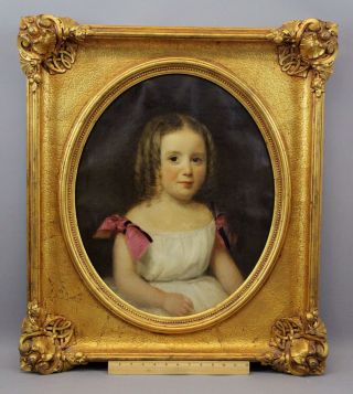 19thc Antique American Young Girl Portrait Oil Painting & Gold Gilt Frame