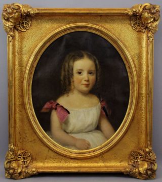 19thC Antique American Young Girl Portrait Oil Painting & Gold Gilt Frame 2