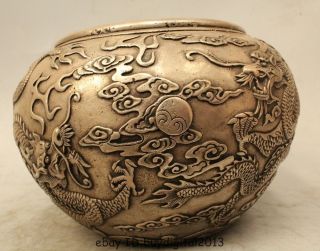 9 " Chinese Dynasty Palace Ancient Basin Silver Dragon Play Bead Ashtray Pot Jar