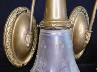PAIR Art Nouveau Brass Sconces Iridescent Acid Etched Shades wall hanging lights 11