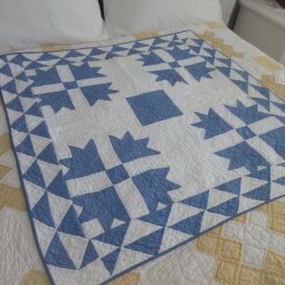 Vintage 30s Blue & White Goose Tracks Crib Or Table Quilt 34 " Flying Geese Bordr