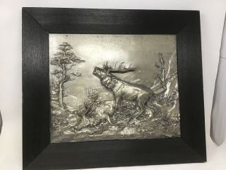 Fritz Diller Silverplate Repousse 2 Stags Framed Plaque 3 - D Relief Nature Scene