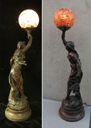 Antique Spelter Lady Murano Millefior lamp glass Figurine Vintage French Bruchon 12