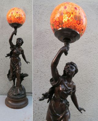 Antique Spelter Lady Murano Millefior Lamp Glass Figurine Vintage French Bruchon