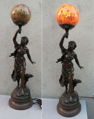 Antique Spelter Lady Murano Millefior lamp glass Figurine Vintage French Bruchon 5