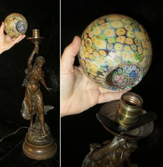 Antique Spelter Lady Murano Millefior lamp glass Figurine Vintage French Bruchon 6