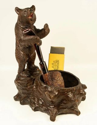Antique Carved Black Forest Swiss Pipe or Smoker ' s Tobacco & Match Stand,  Bear 3