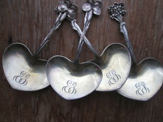 4 Rare - FLORAL 1885 - TIFFANY - STERLING - NUT SPOONS - OLD PATINA 5