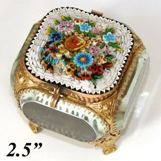 Antique Micro Mosaic,  Micromosaic Jewelry Box,  Casket,  Thick Beveled Glass C1890