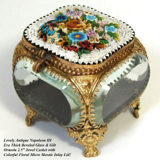 Antique Micro Mosaic,  Micromosaic Jewelry Box,  Casket,  Thick Beveled Glass c1890 2