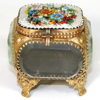 Antique Micro Mosaic,  Micromosaic Jewelry Box,  Casket,  Thick Beveled Glass c1890 5