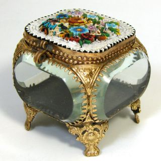 Antique Micro Mosaic,  Micromosaic Jewelry Box,  Casket,  Thick Beveled Glass c1890 8