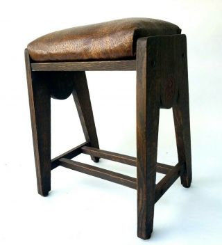Antique Mission Oak Arts & Crafts Footstool W Decoration Leather Seat